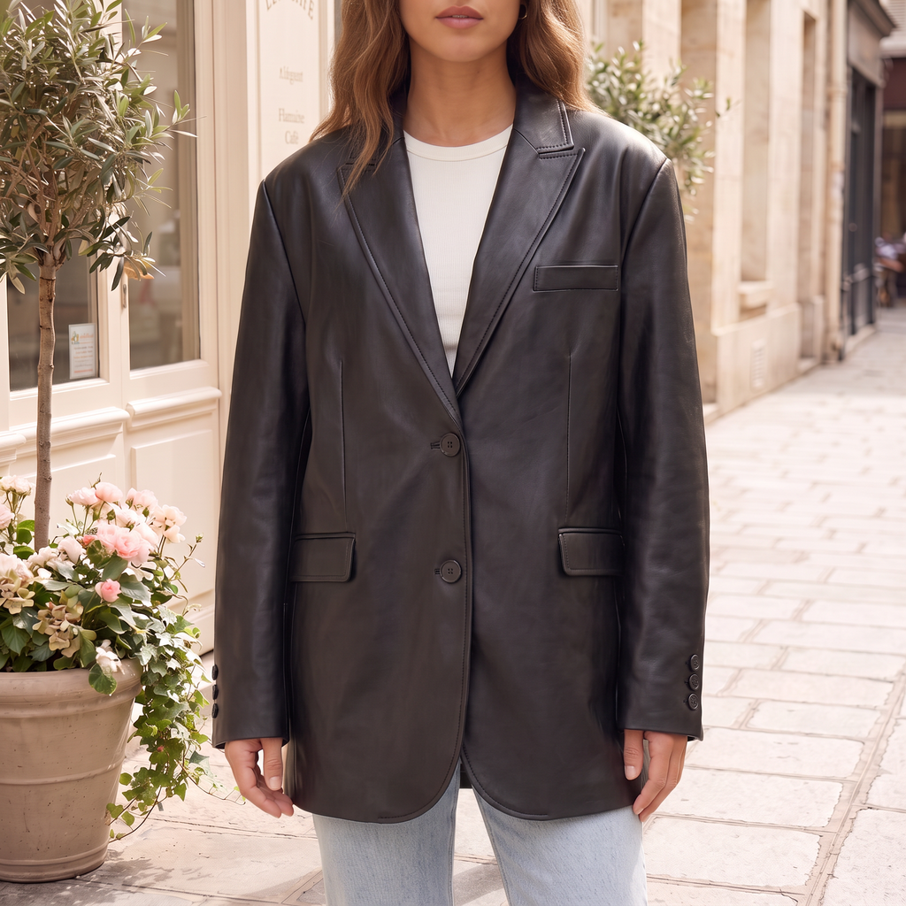 Women's Oversized Faux Leather Blazer - Black