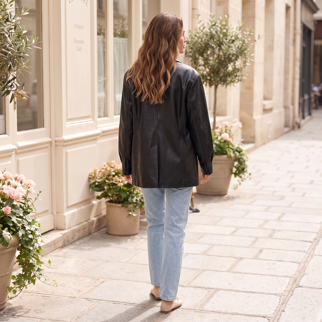 Women's Oversized Faux Leather Blazer - Black