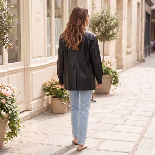 Women's Oversized Faux Leather Blazer - Black