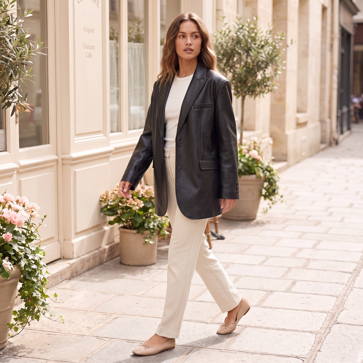 Women's Oversized Faux Leather Blazer - Black