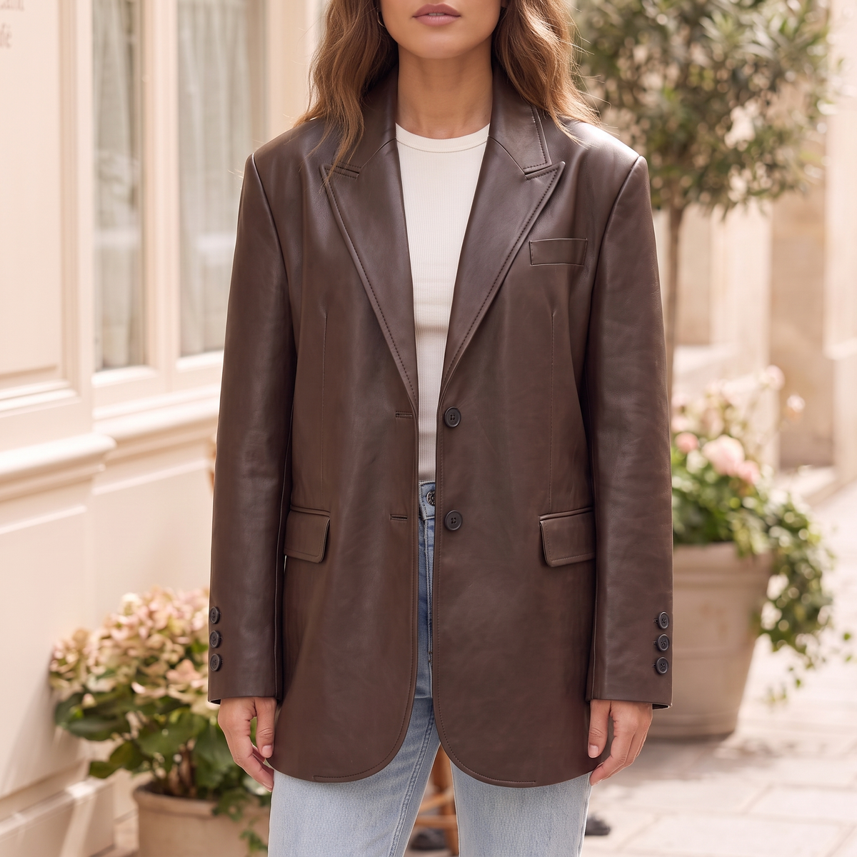 Women's Oversized Faux Leather Blazer - Brown