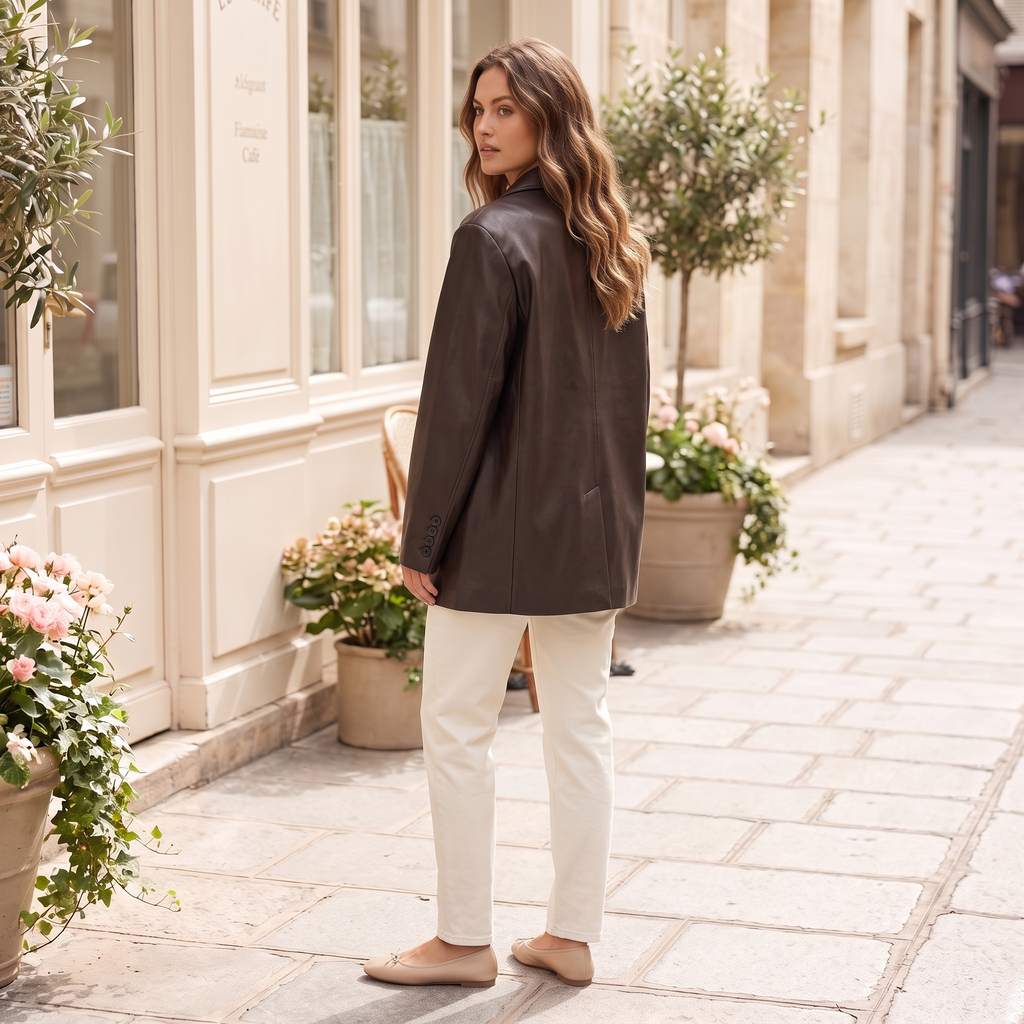 Women's Oversized Faux Leather Blazer - Brown