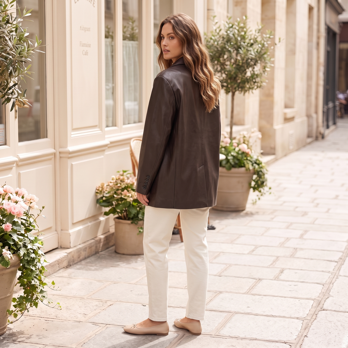 Women's Oversized Faux Leather Blazer - Brown