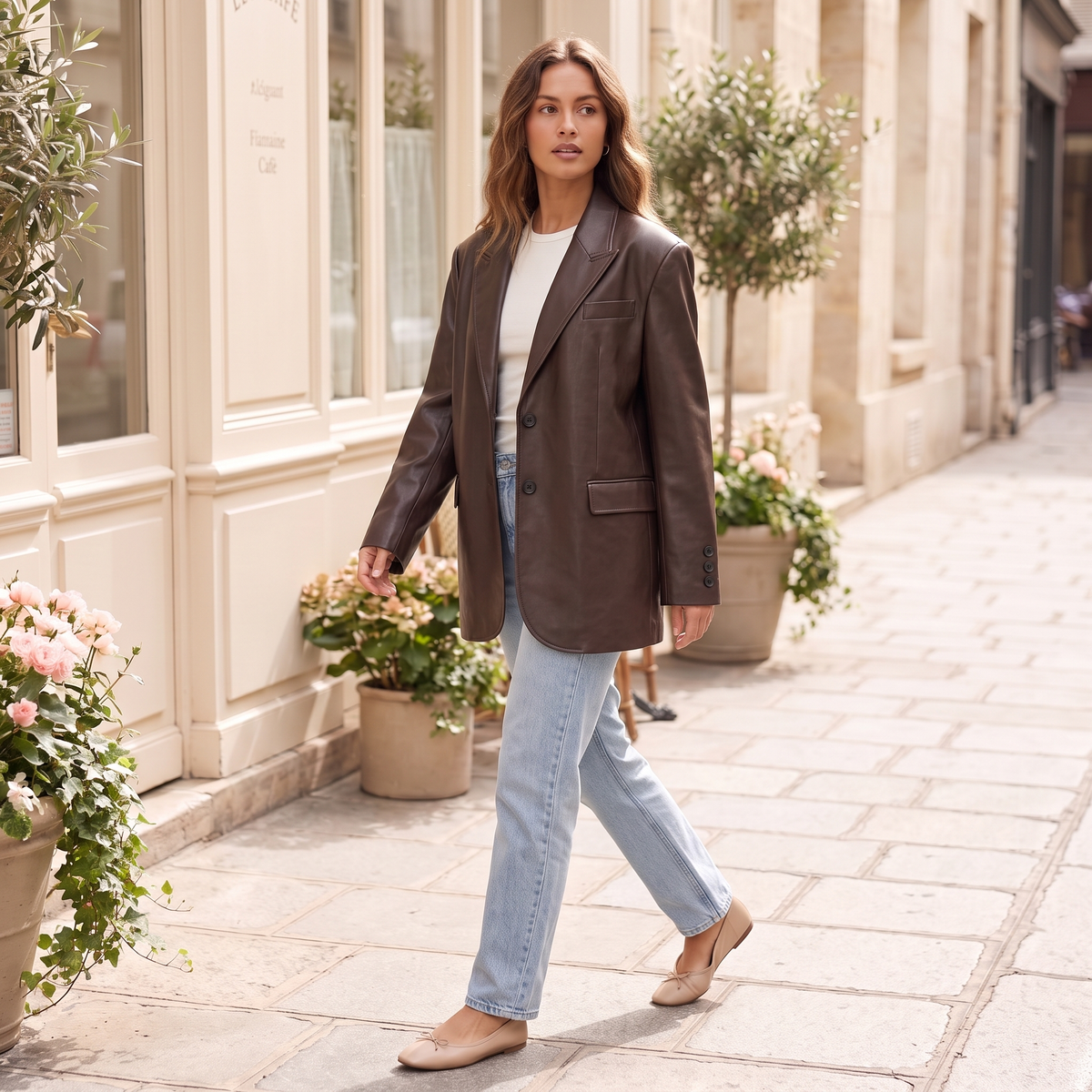 Women's Oversized Faux Leather Blazer - Brown
