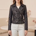 Women's Washed Faux Leather Belted Biker Jacket - Black