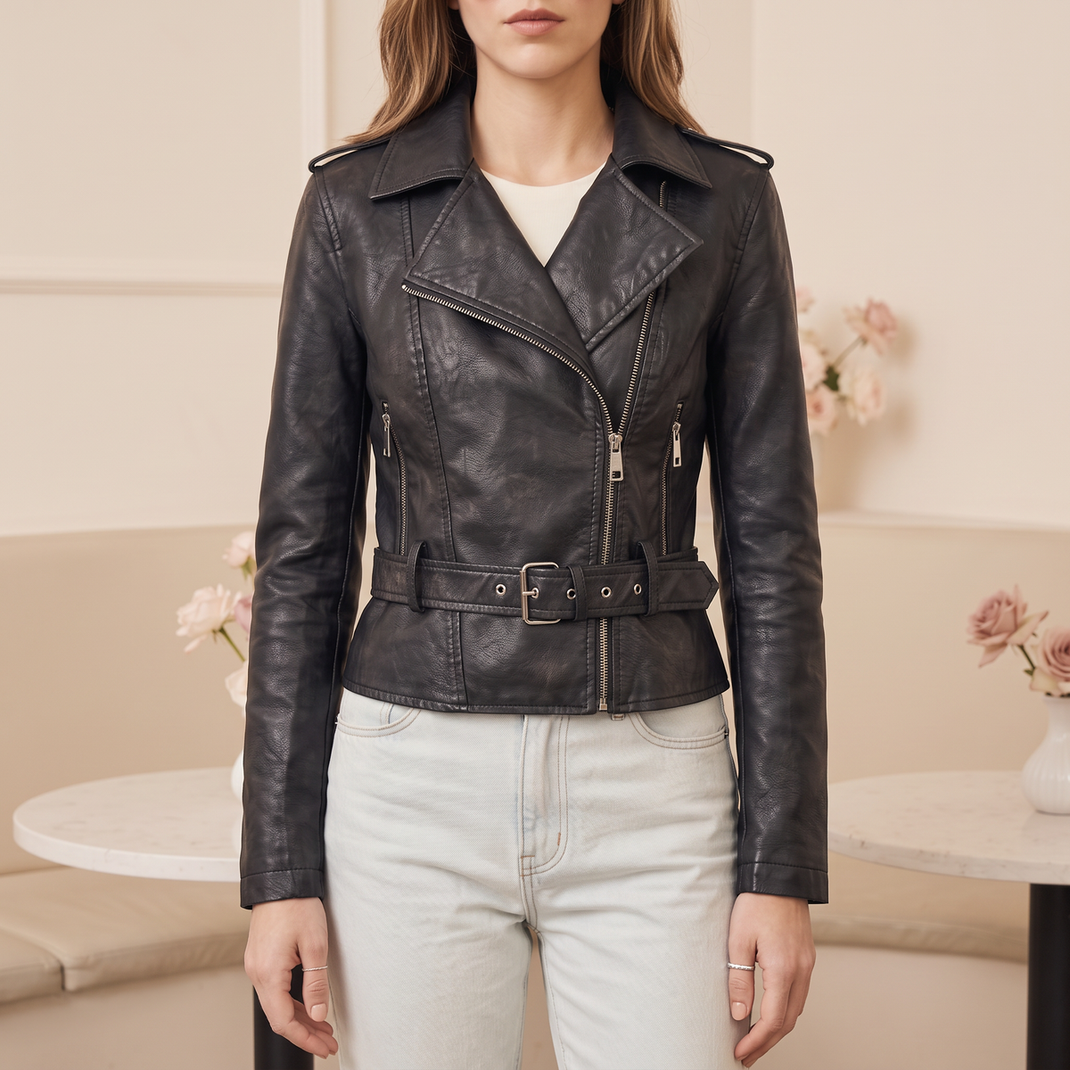 Women's Washed Faux Leather Belted Biker Jacket - Black