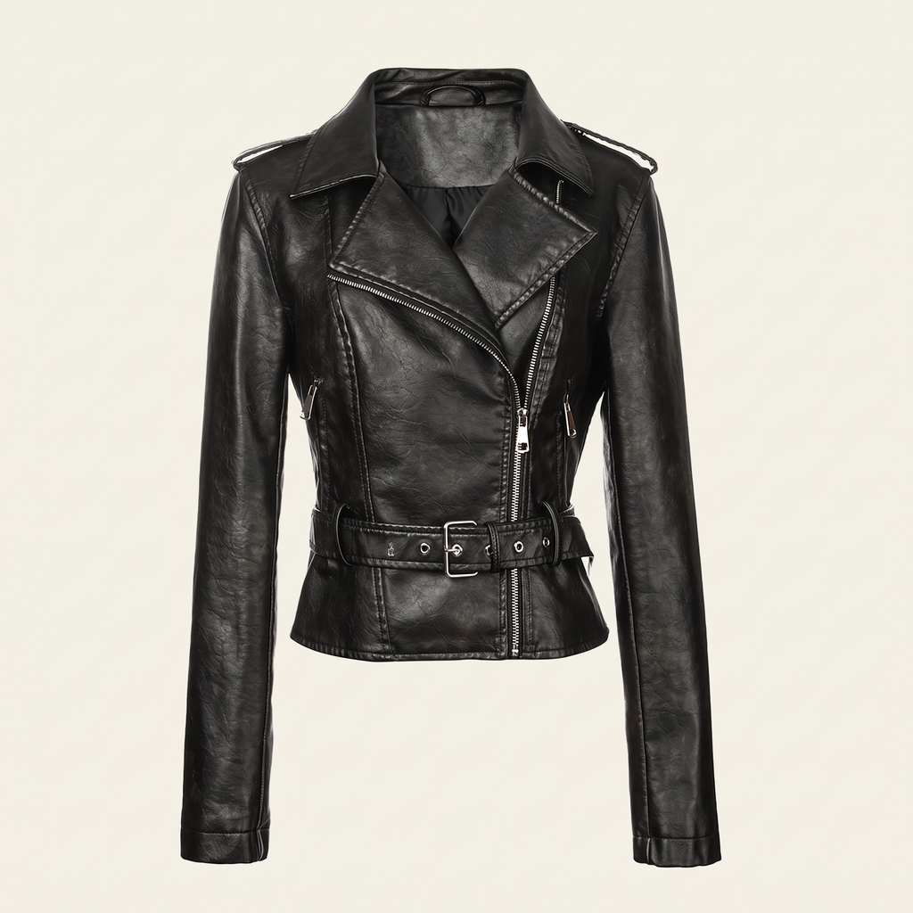 Women's Washed Faux Leather Belted Biker Jacket - Black