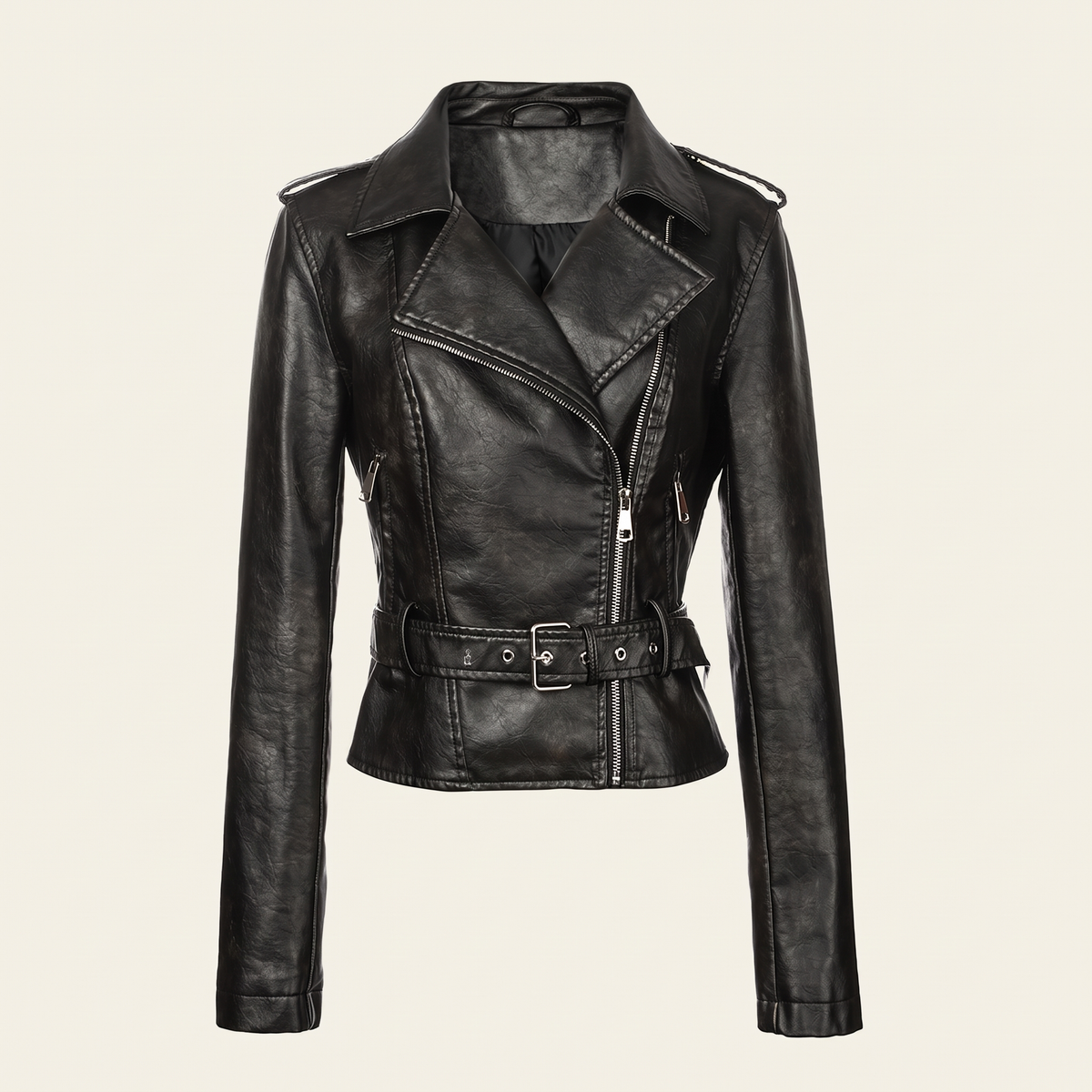 Women's Washed Faux Leather Belted Biker Jacket - Black