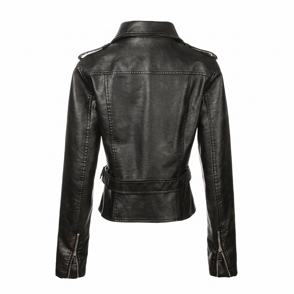 Women's Washed Faux Leather Belted Biker Jacket - Black