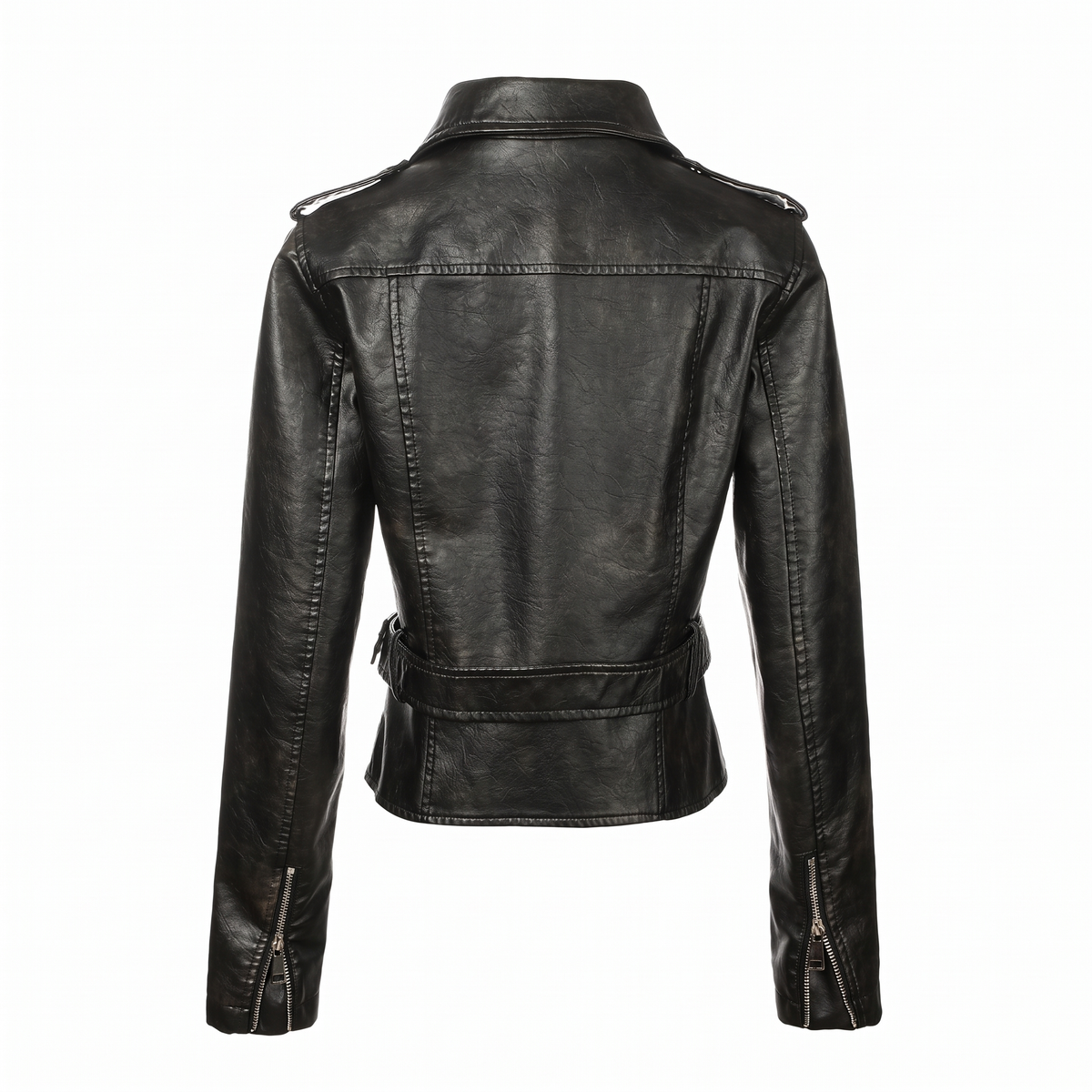 Women's Washed Faux Leather Belted Biker Jacket - Black
