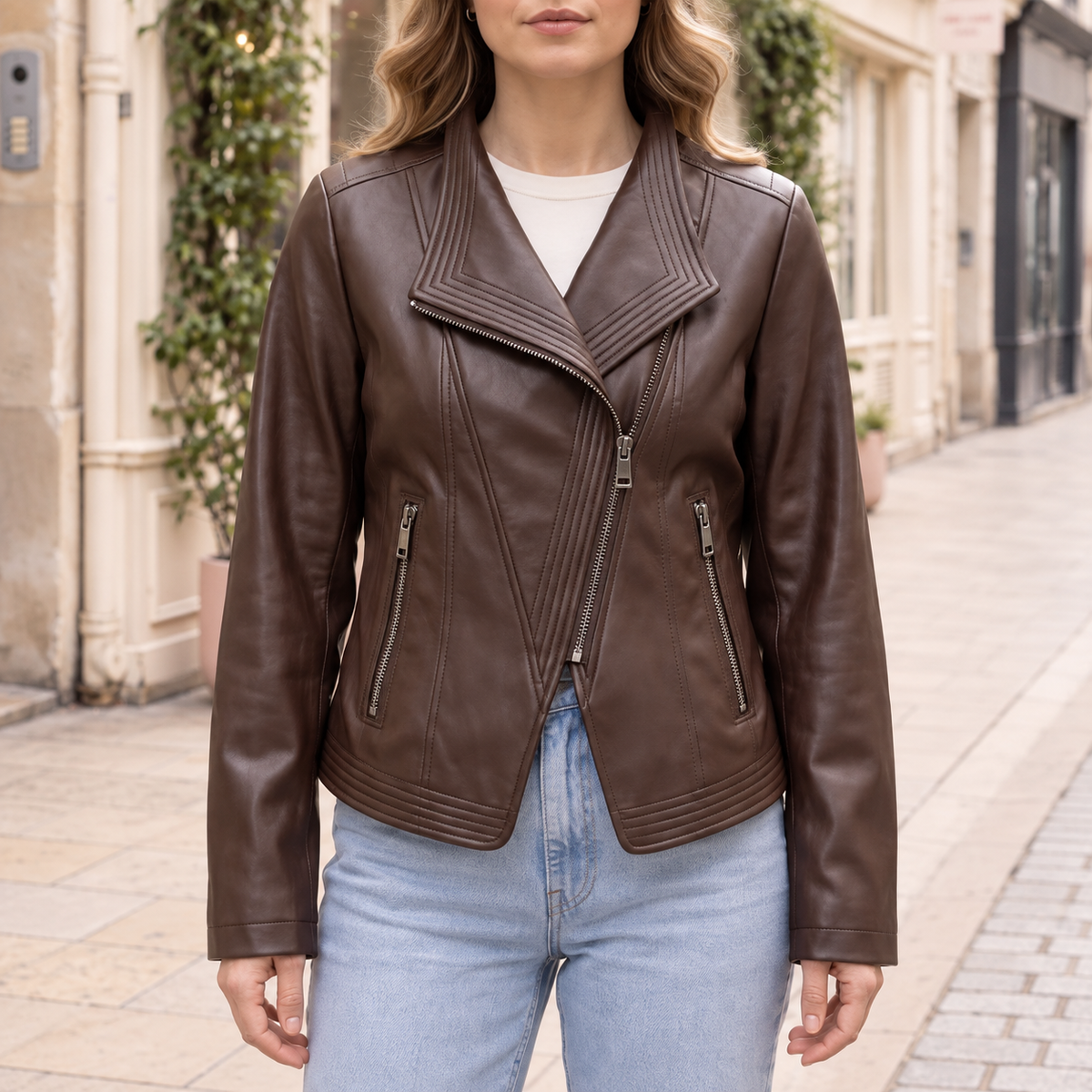 Women's Stitched-Lapel Faux Leather Biker Jacket - Brown