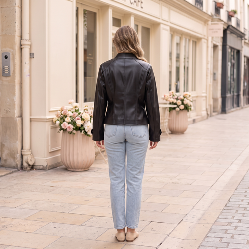 Women's Stitched-Lapel Faux Leather Biker Jacket - Black