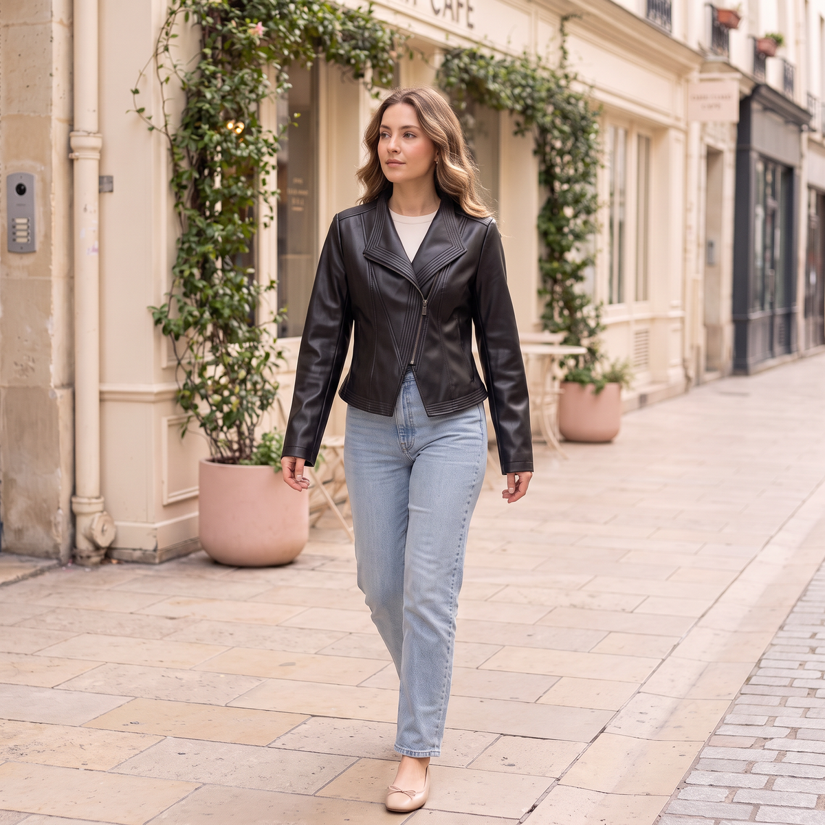 Women's Stitched-Lapel Faux Leather Biker Jacket - Black