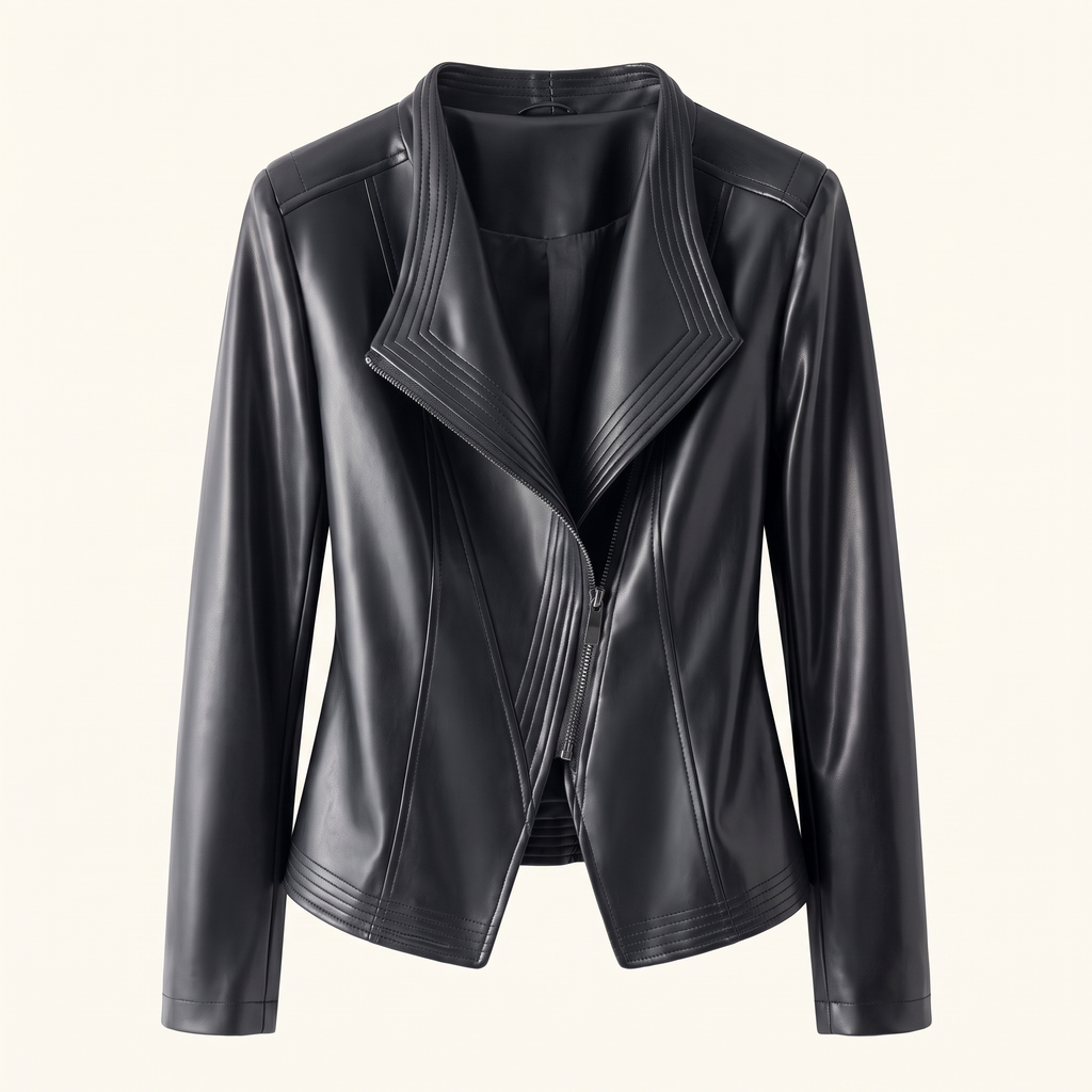 Women's Stitched-Lapel Faux Leather Biker Jacket - Black
