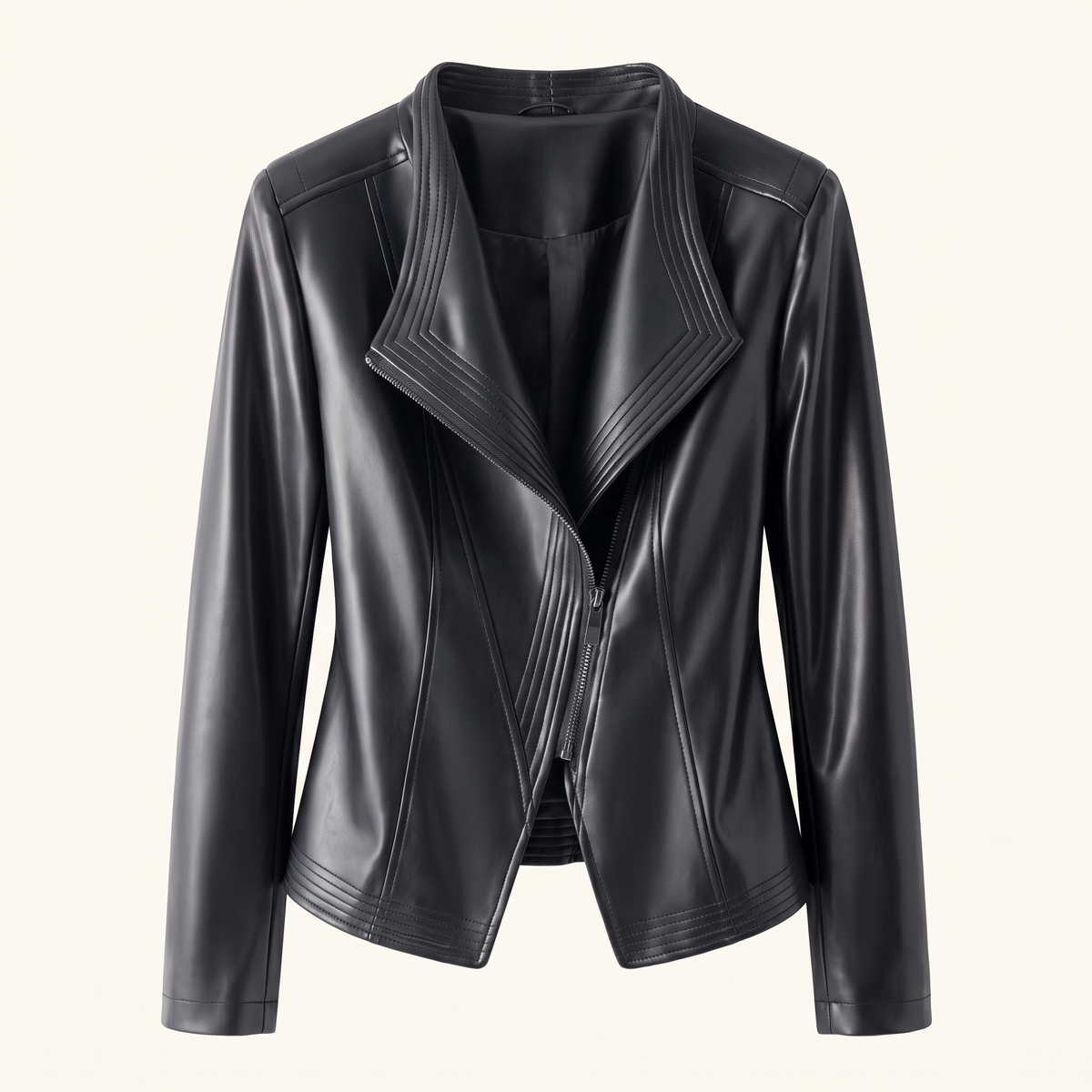 Women's Stitched-Lapel Faux Leather Biker Jacket - Black