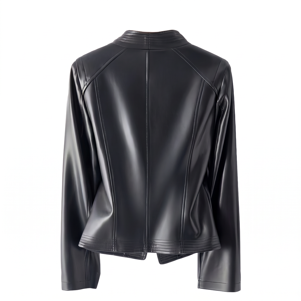 Women's Stitched-Lapel Faux Leather Biker Jacket - Black