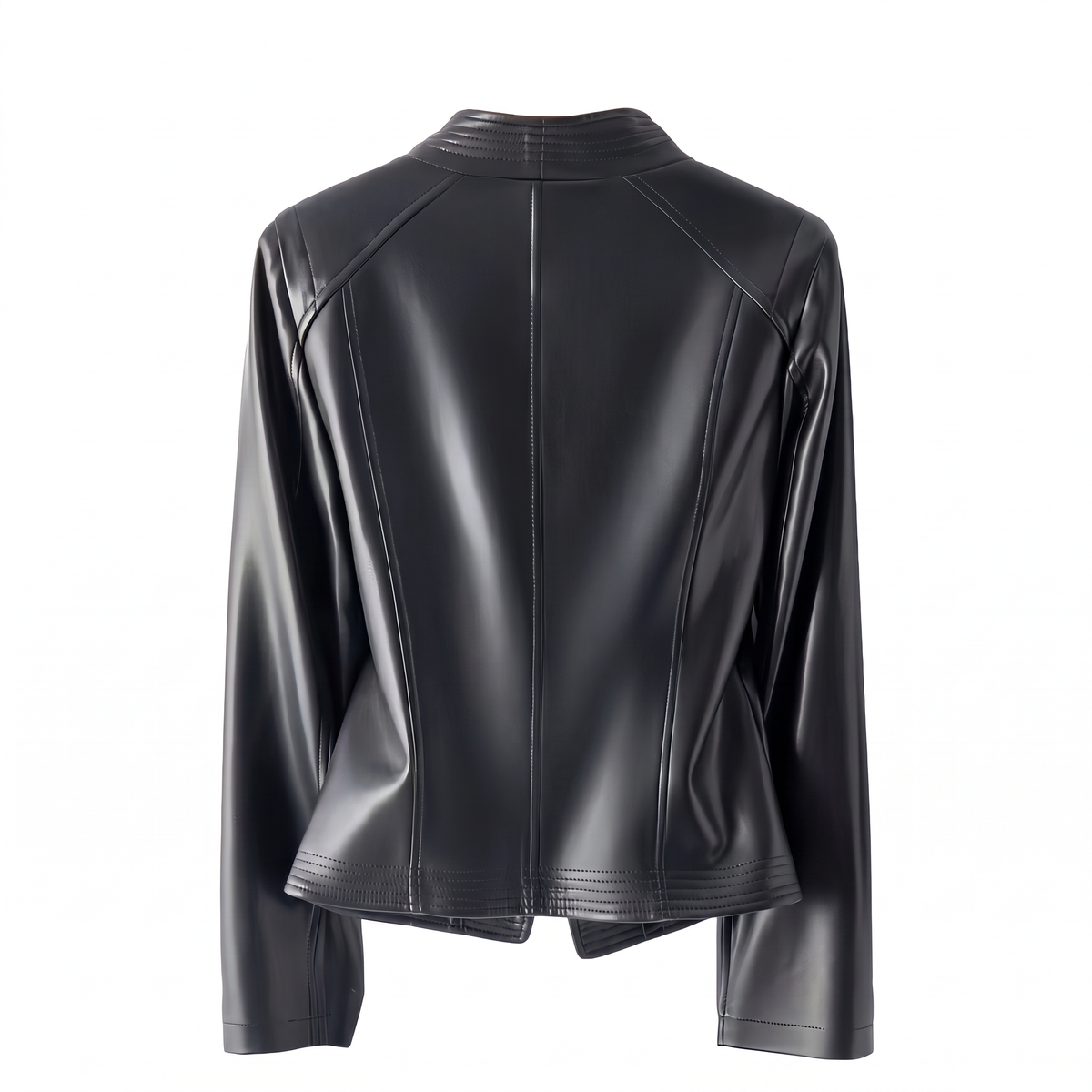 Women's Stitched-Lapel Faux Leather Biker Jacket - Black