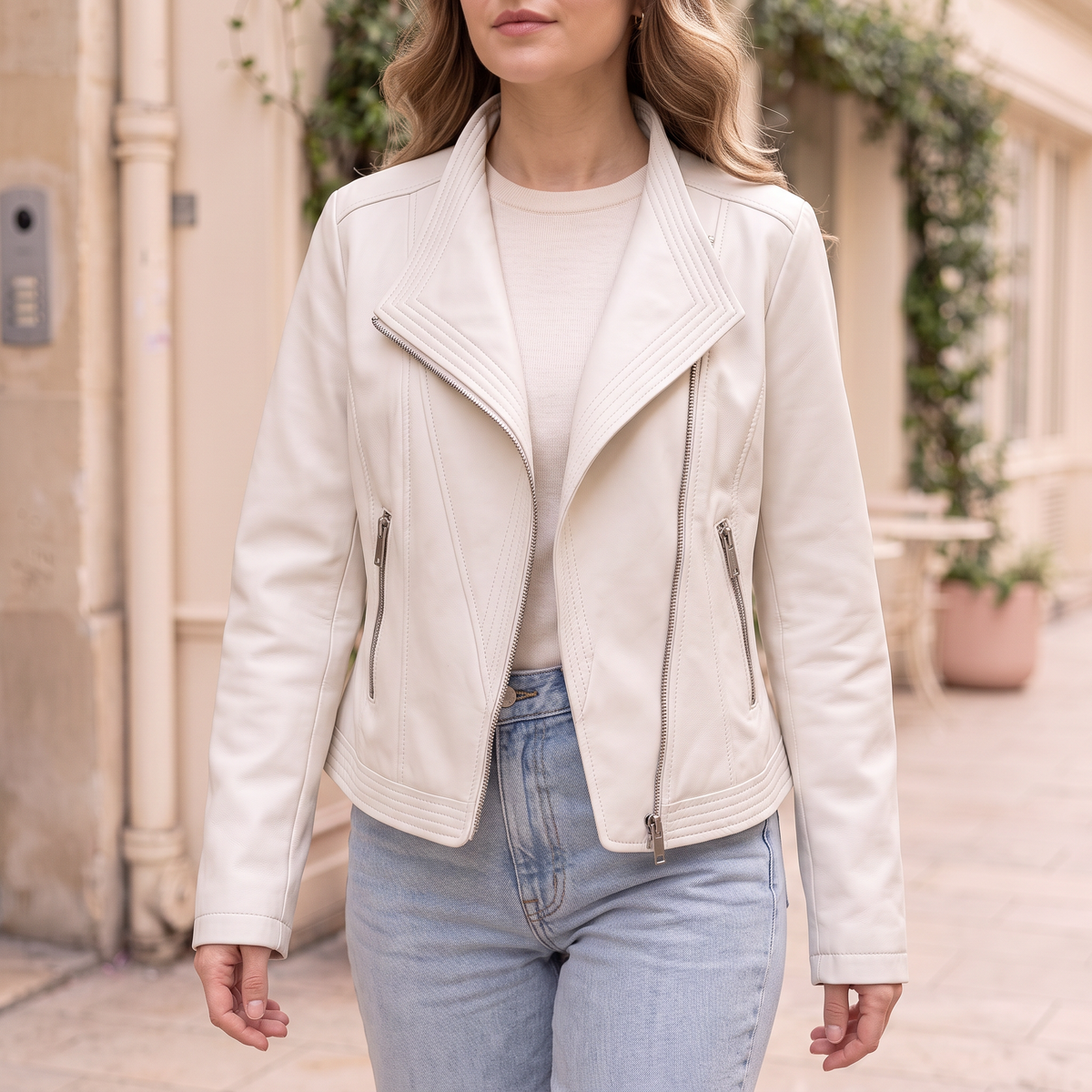 Women's Stitched-Lapel Faux Leather Biker Jacket - White