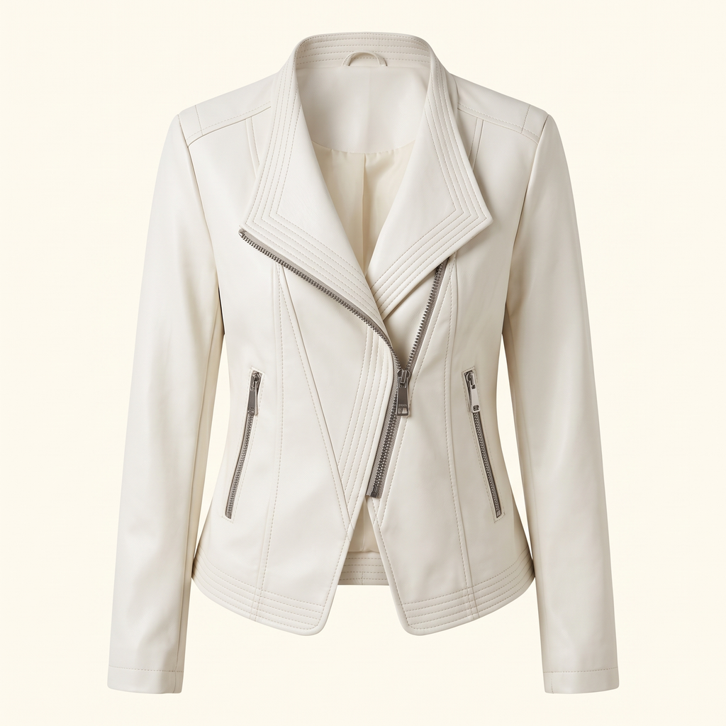 Women's Stitched-Lapel Faux Leather Biker Jacket - White