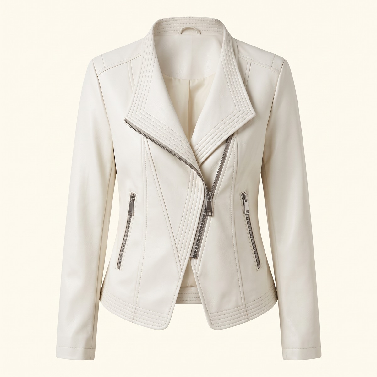 Women's Stitched-Lapel Faux Leather Biker Jacket - White
