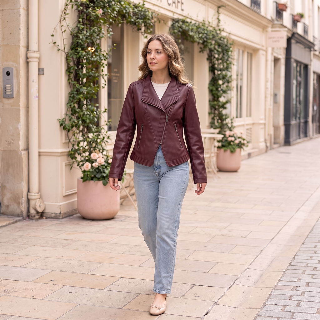 Women's Stitched-Lapel Faux Leather Biker Jacket - Burgundy