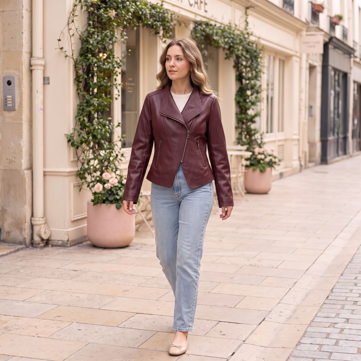 Women's Stitched-Lapel Faux Leather Biker Jacket - Burgundy