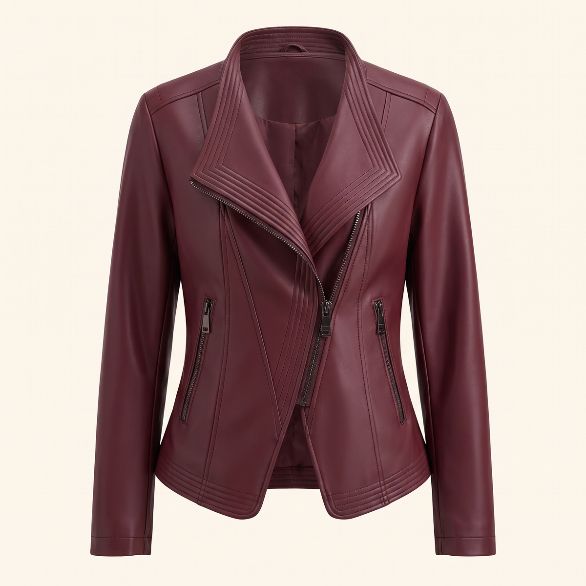 Women's Stitched-Lapel Faux Leather Biker Jacket - Burgundy