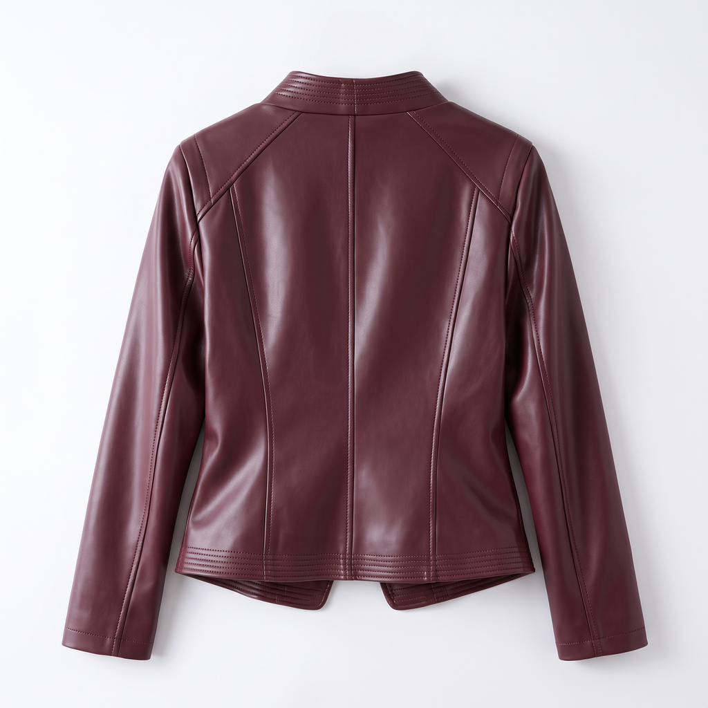 Women's Stitched-Lapel Faux Leather Biker Jacket - Burgundy