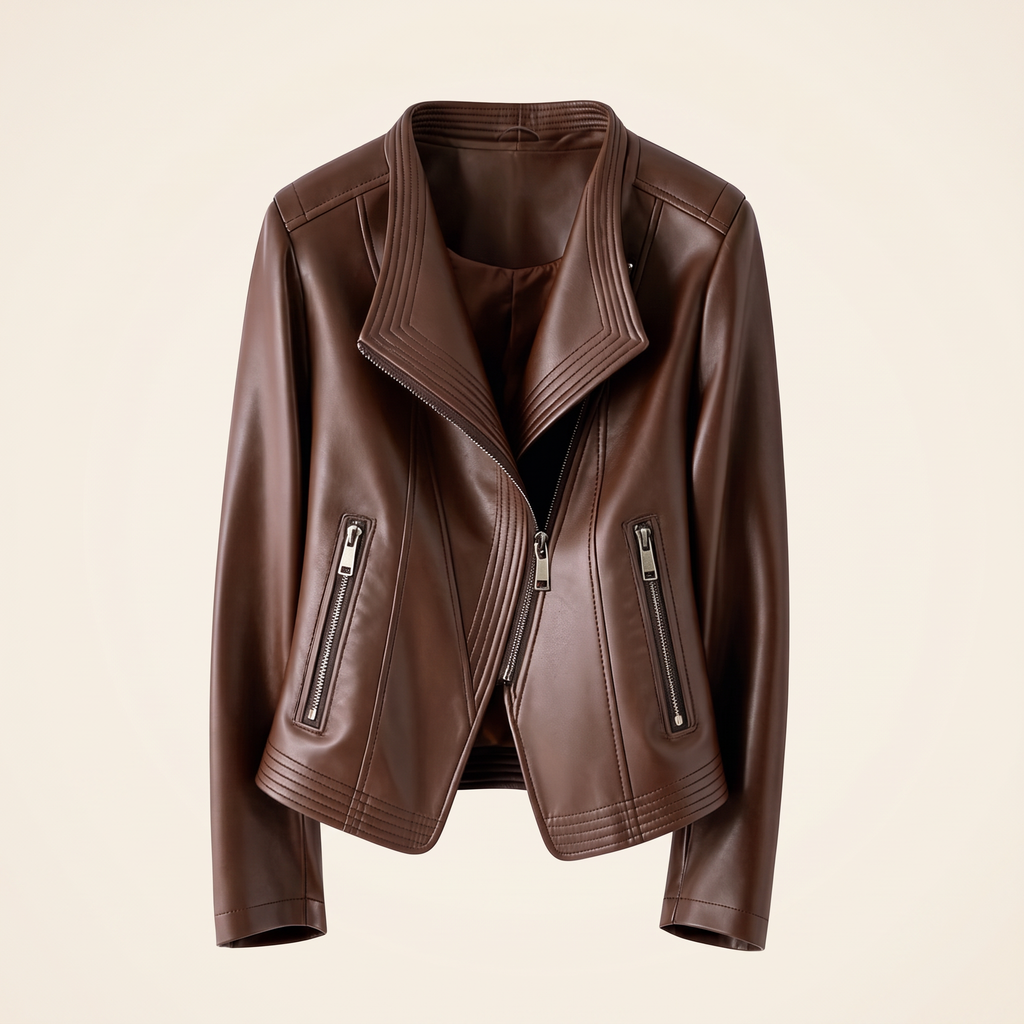 Women's Stitched-Lapel Faux Leather Biker Jacket - Brown