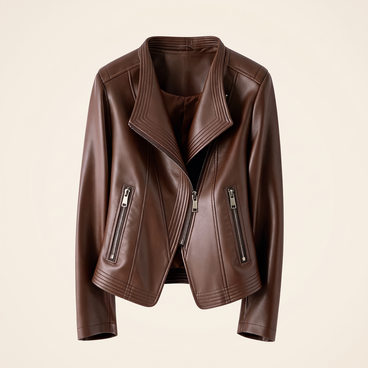 Women's Stitched-Lapel Faux Leather Biker Jacket - Brown