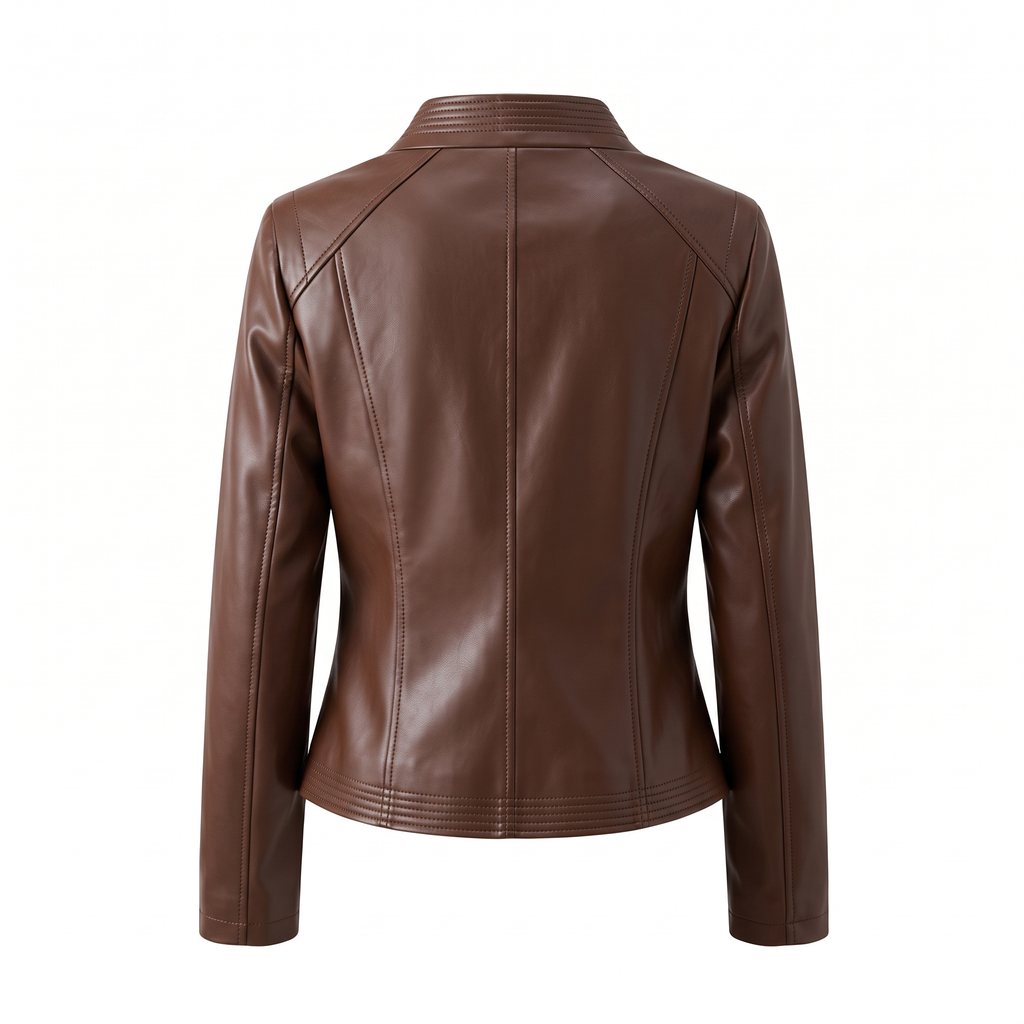Women's Stitched-Lapel Faux Leather Biker Jacket - Brown