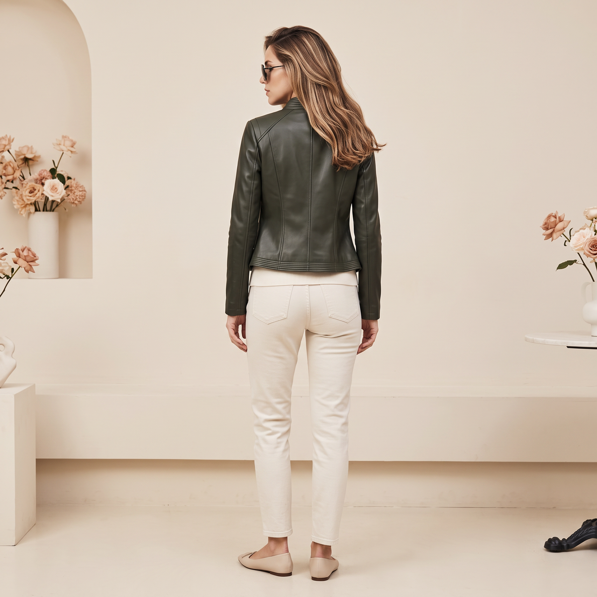 Women's Stitched-Lapel Faux Leather Biker Jacket - Dark green