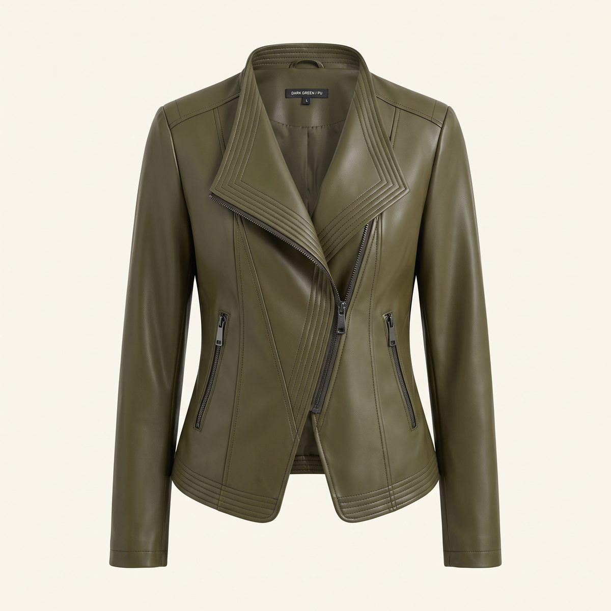 Women's Stitched-Lapel Faux Leather Biker Jacket - Dark green
