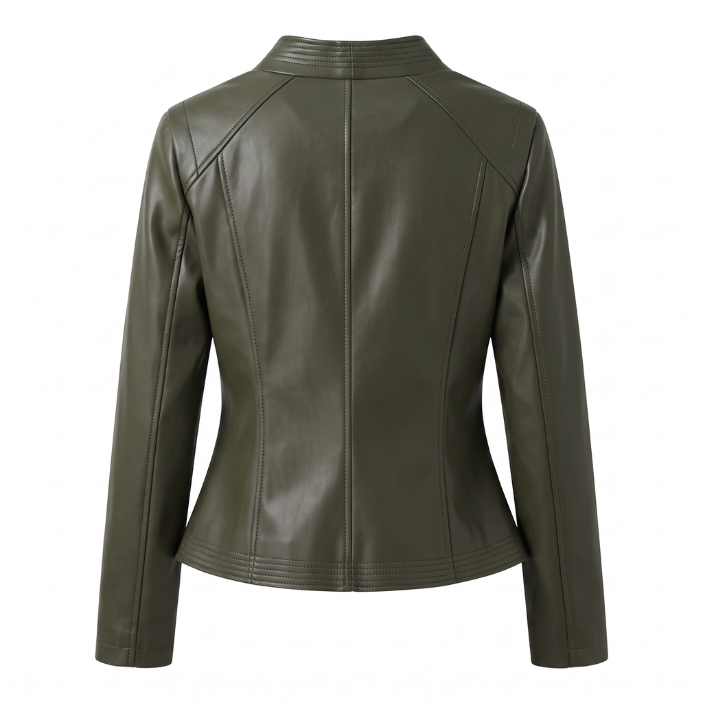 Women's Stitched-Lapel Faux Leather Biker Jacket - Dark green