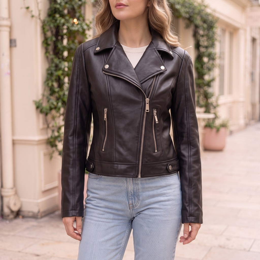 Women's Fitted Faux Leather Biker Jacket - Black