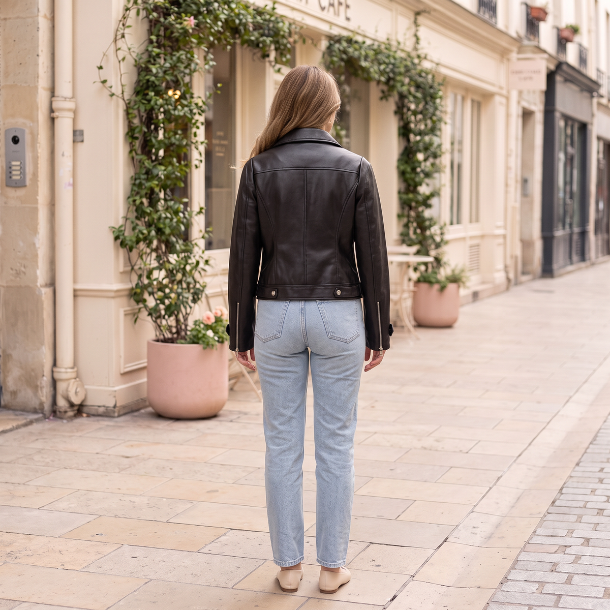 Women's Fitted Faux Leather Biker Jacket - Black