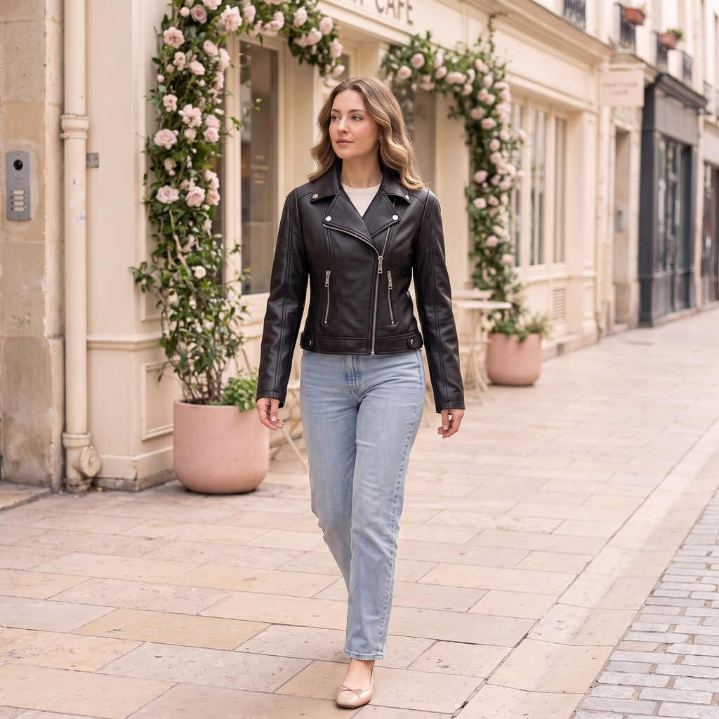 Women's Fitted Faux Leather Biker Jacket - Black