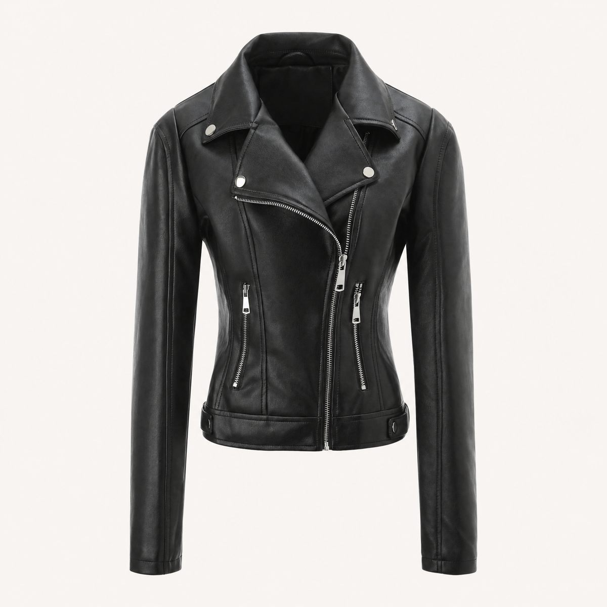 Women's Fitted Faux Leather Biker Jacket - Black