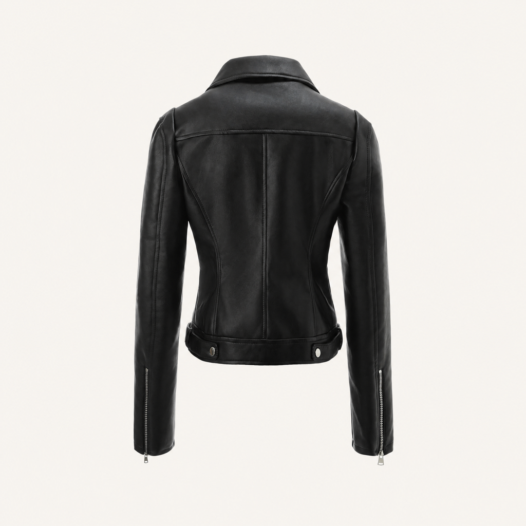 Women's Fitted Faux Leather Biker Jacket - Black