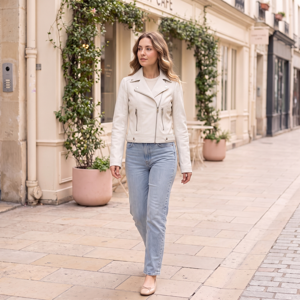 Women's Fitted Faux Leather Biker Jacket - White