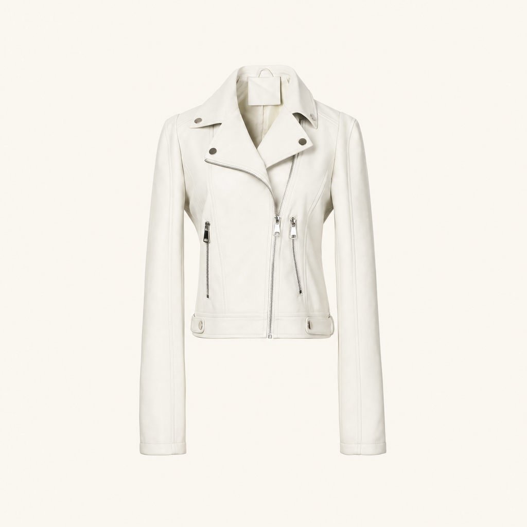 Women's Fitted Faux Leather Biker Jacket - White