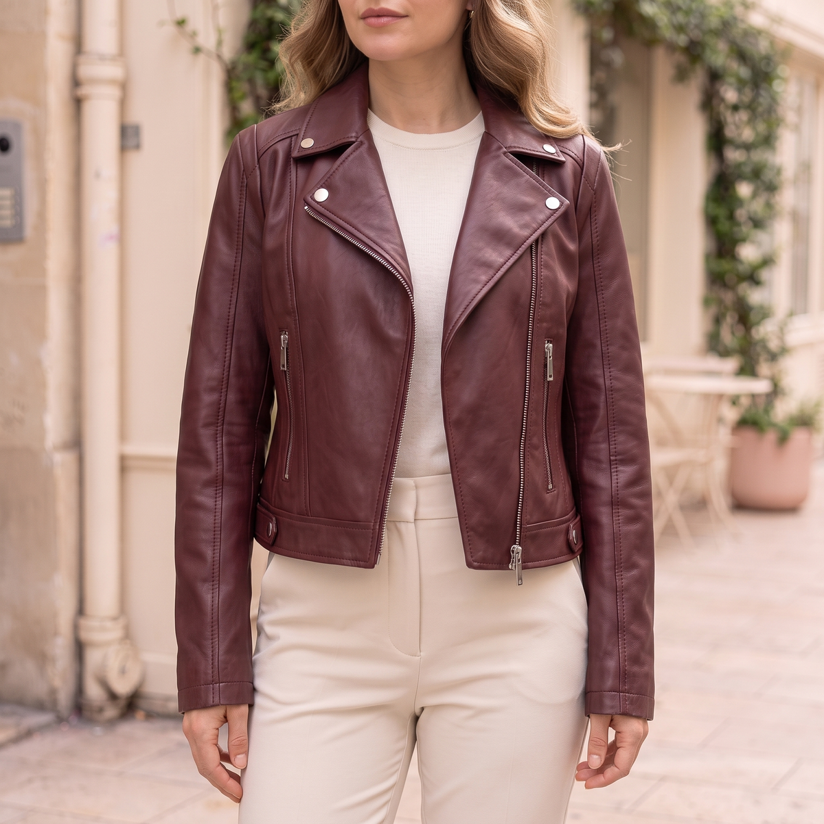 Women's Fitted Faux Leather Biker Jacket - Wine red