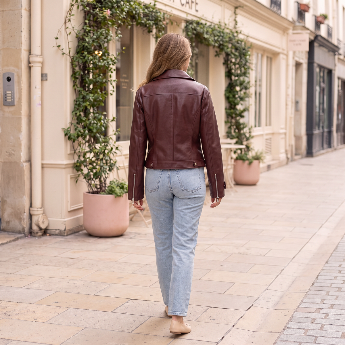 Women's Fitted Faux Leather Biker Jacket - Wine red