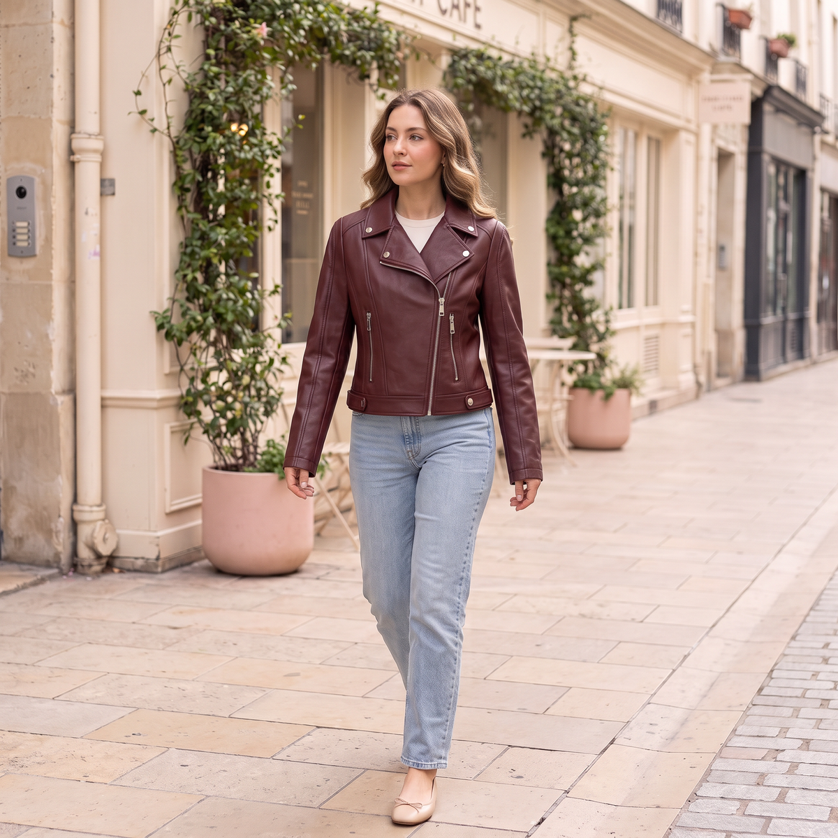 Women's Fitted Faux Leather Biker Jacket - Wine red