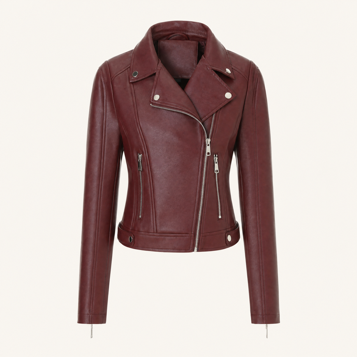 Women's Fitted Faux Leather Biker Jacket - Wine red