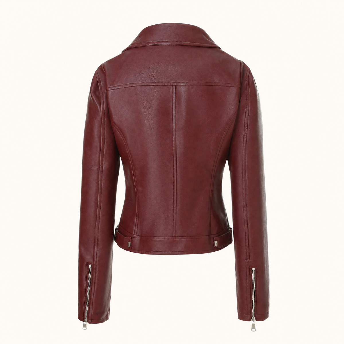 Women's Fitted Faux Leather Biker Jacket - Wine red