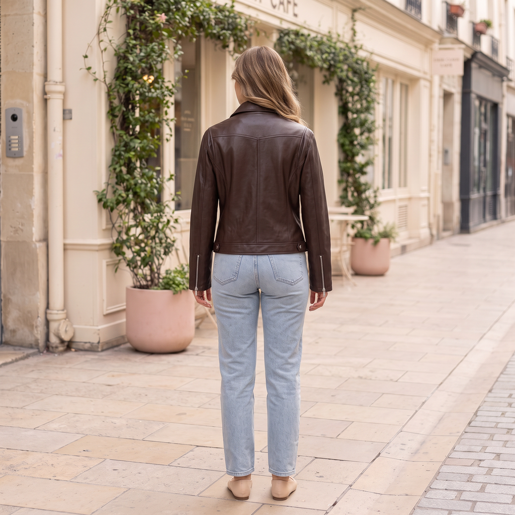 Women's Fitted Faux Leather Biker Jacket - Brown