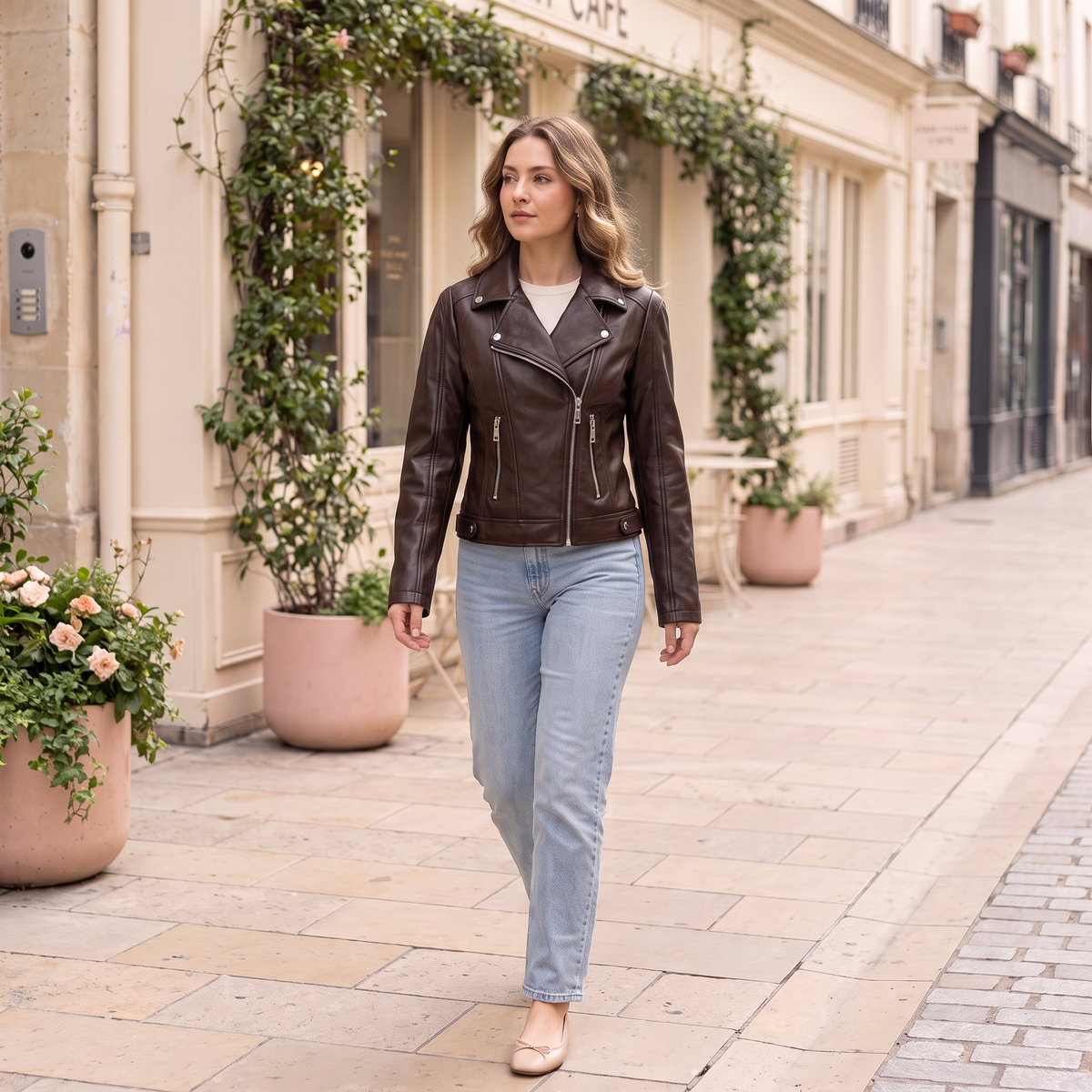 Women's Fitted Faux Leather Biker Jacket - Brown