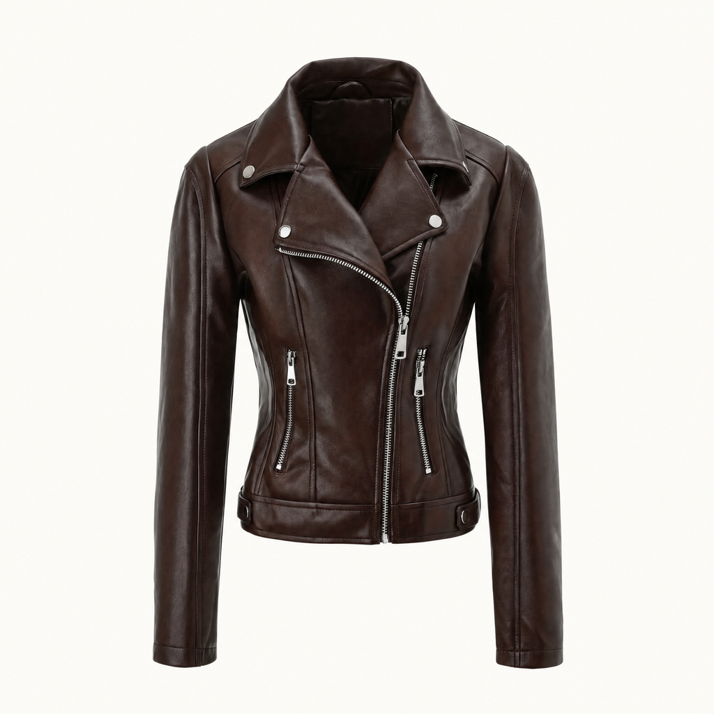 Women's Fitted Faux Leather Biker Jacket - Brown