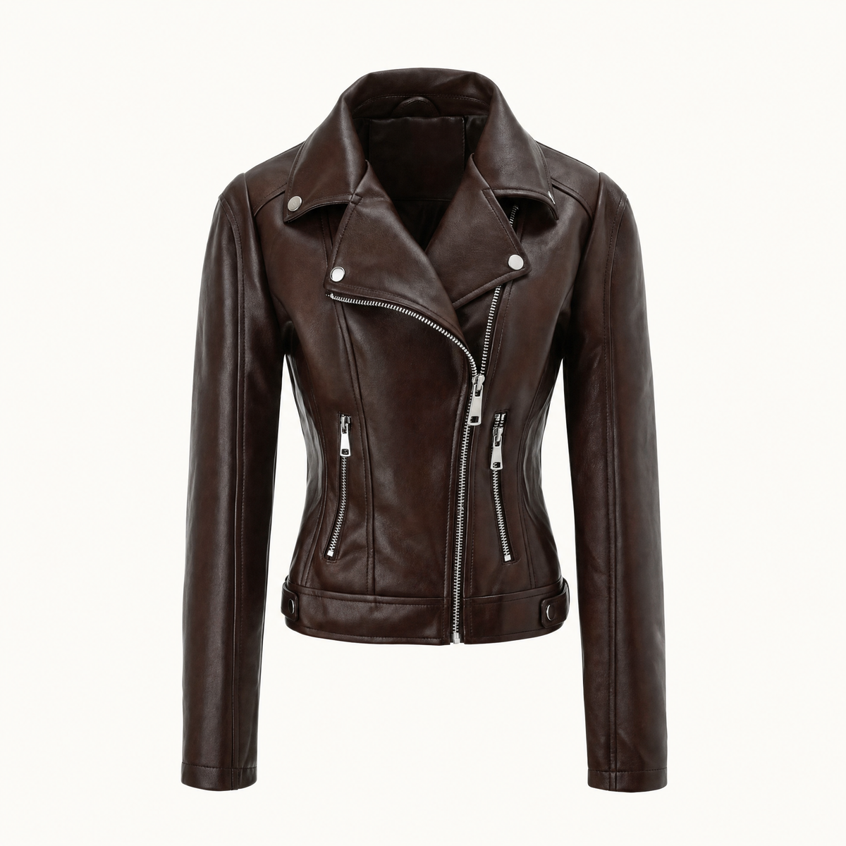 Women's Fitted Faux Leather Biker Jacket - Brown
